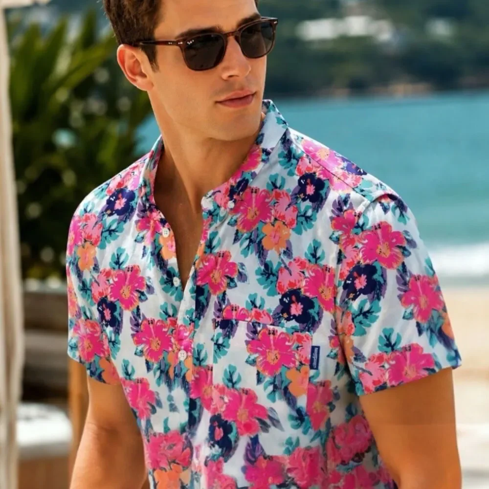Chubbies Tropical‎ Floral Shirt Mens M Pink Hawaiian Resort Beach Button Up